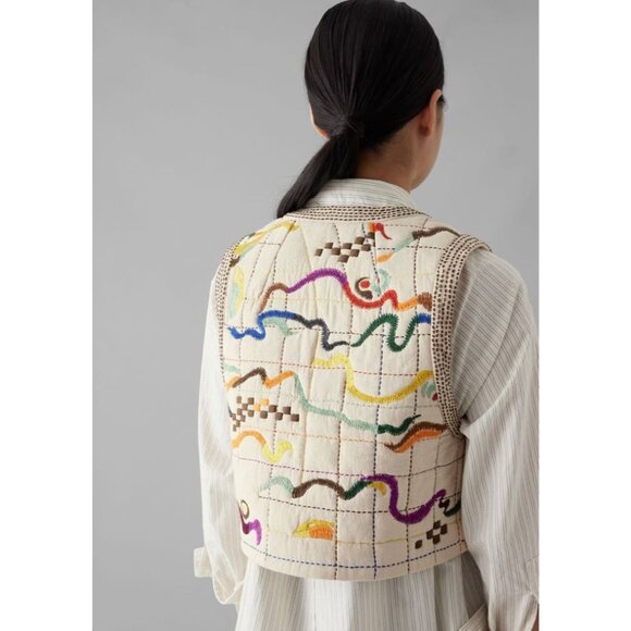 Toast Hand Embroidered Abstract Gilet Vest Womens Size XL Artisan Cotton Muslin - Picture 2 of 15